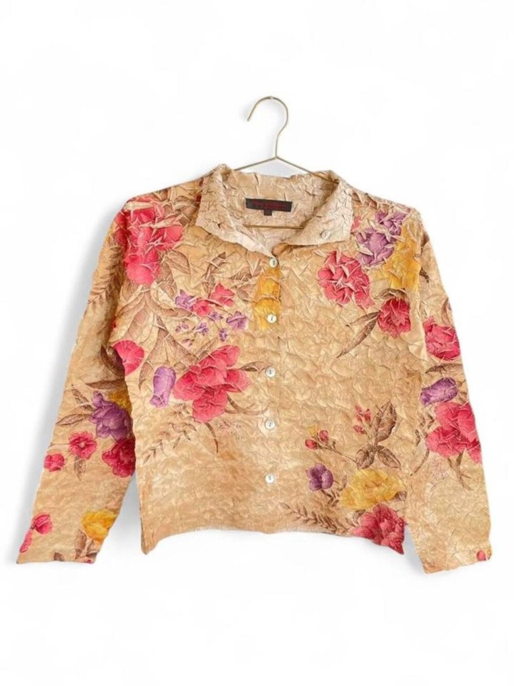 Vintage Pleats Collection Crinkle Floral Blouse – Textured Button Front Cottage